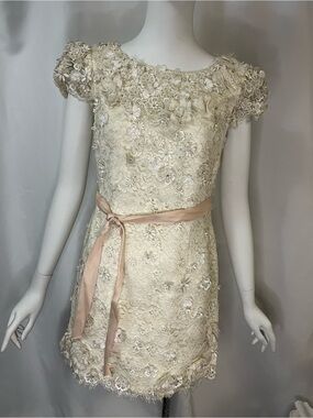Tulle Cream Lace Beaded Floral Dress with Pink Sash